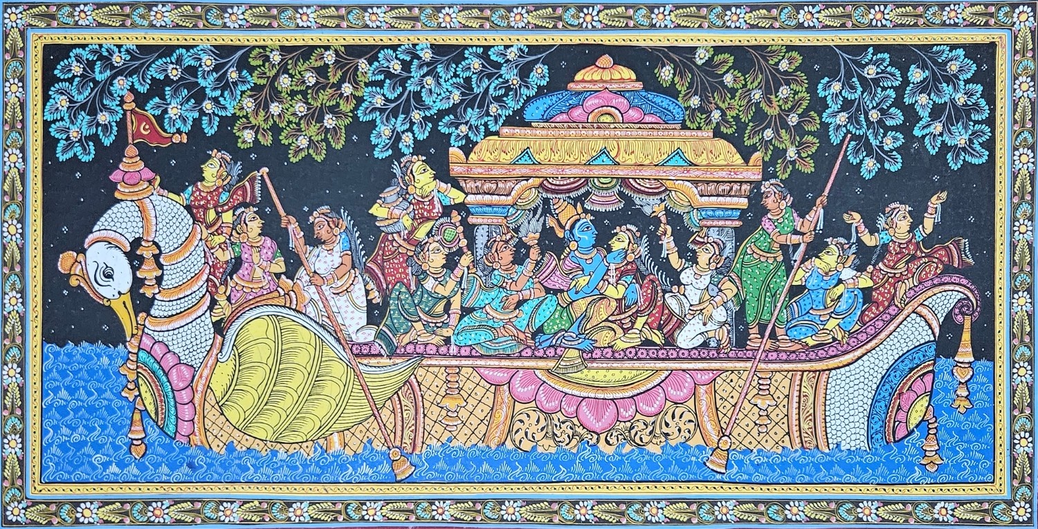 Pattachitra Painting Lord Krishna Nauka Keli (19x40 inch)