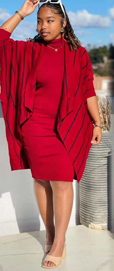  Ribbed Knit Dress with Striped Kimono