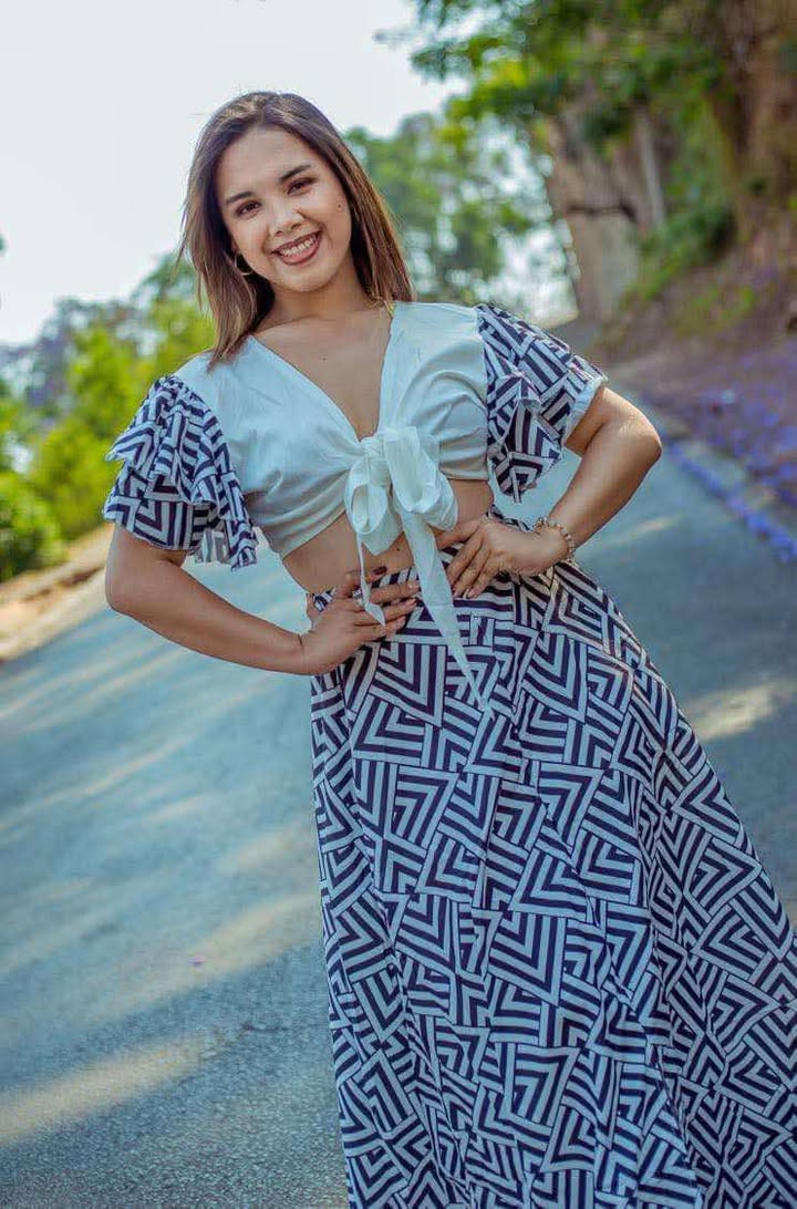 Patterned crop top and skirt 