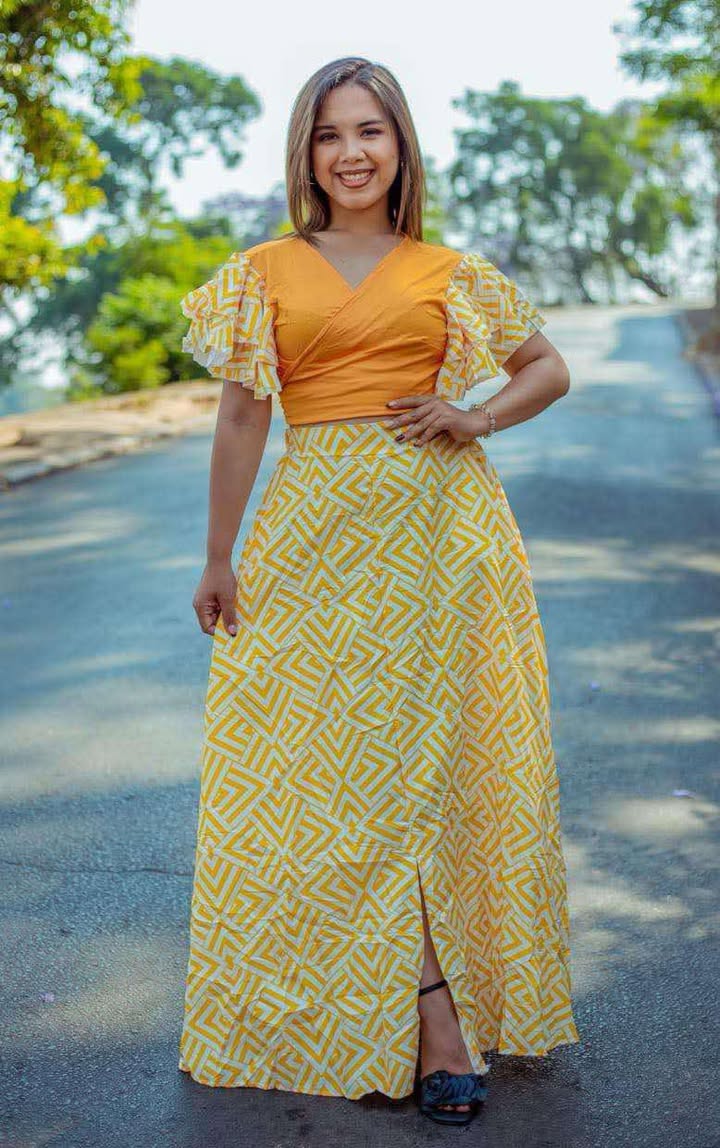 Patterned crop top and skirt 