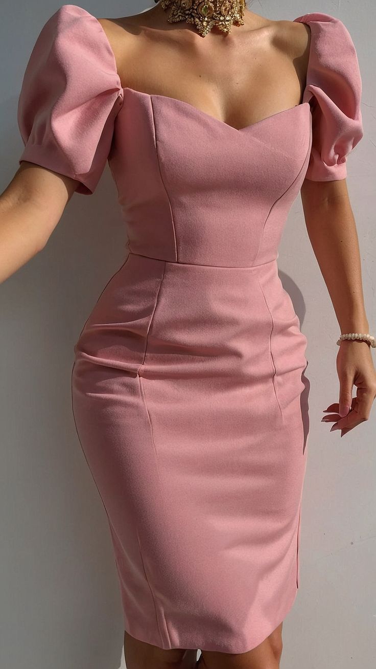 Elegant Pink Puff Sleeve Dress