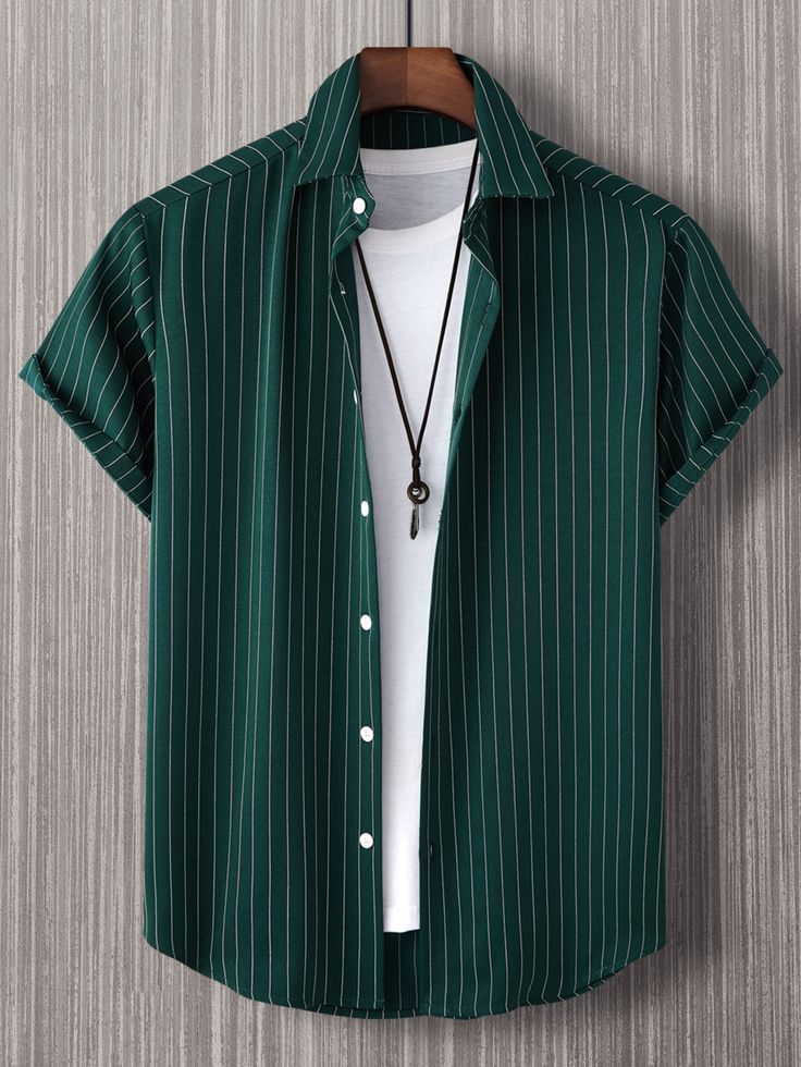 Men's Green Striped Short Sleeve Shirt