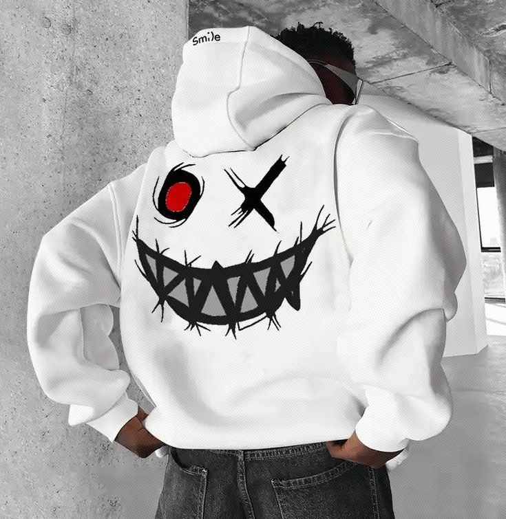 White Hoodie with Grunge Smile Print