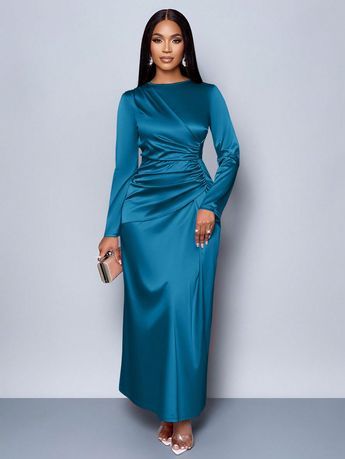 Elegant teal satin evening dress