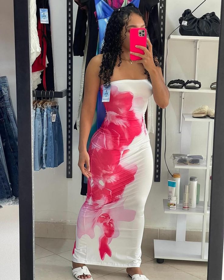 Strapless White Maxi Dress with Pink Floral Print
