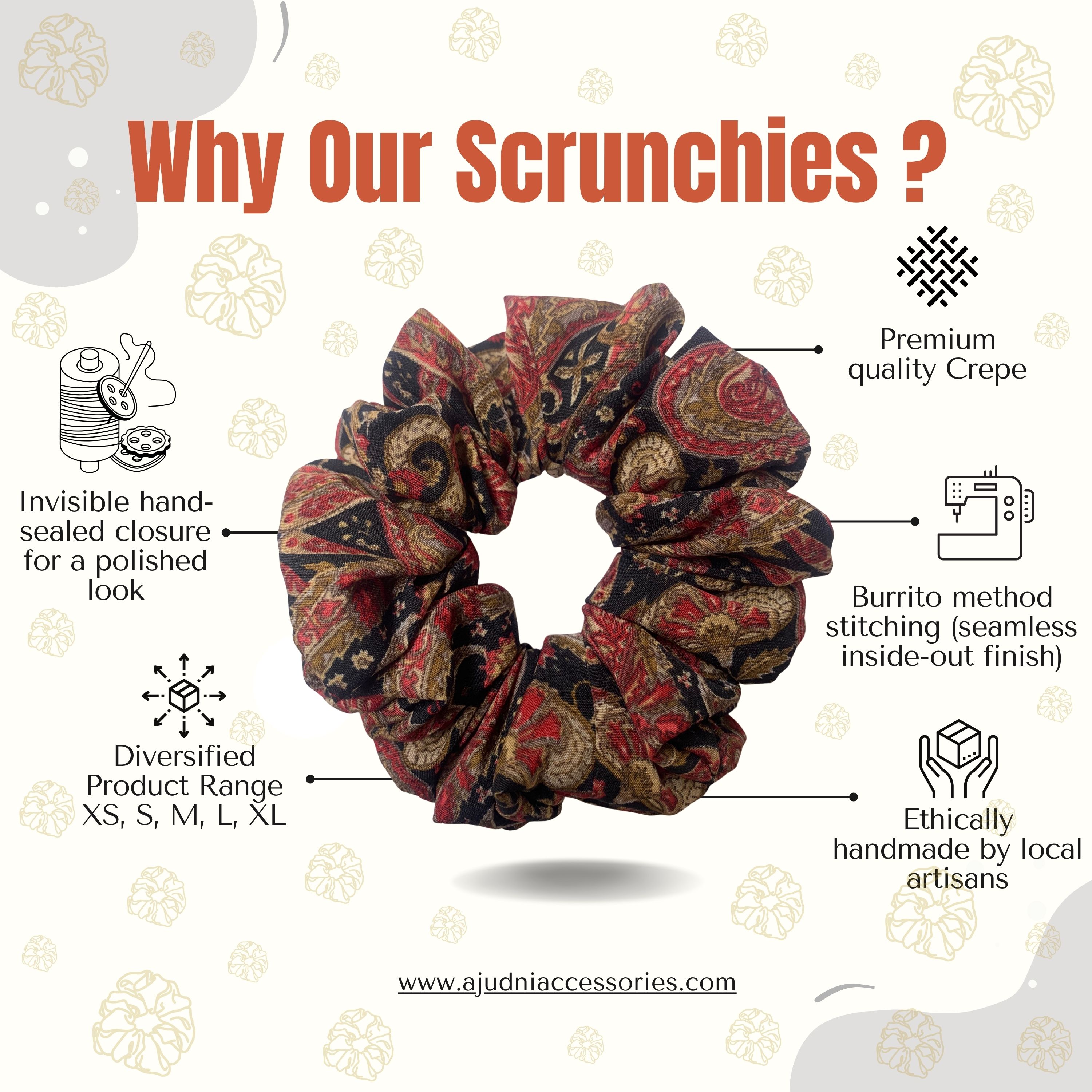 Paisley Print Crepe Scrunchie for Women – Red & Black Ethnic Hair Accessory by Ajudni