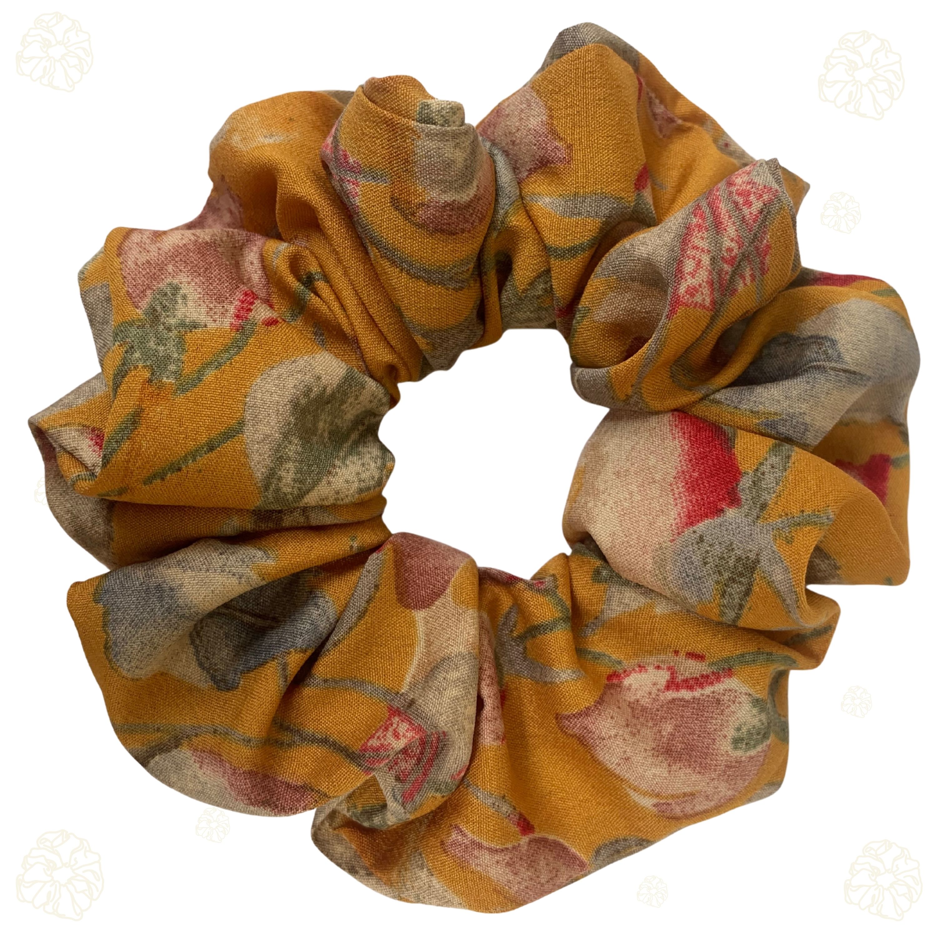 Mustard Yellow Crepe Scrunchie – Floral Print 