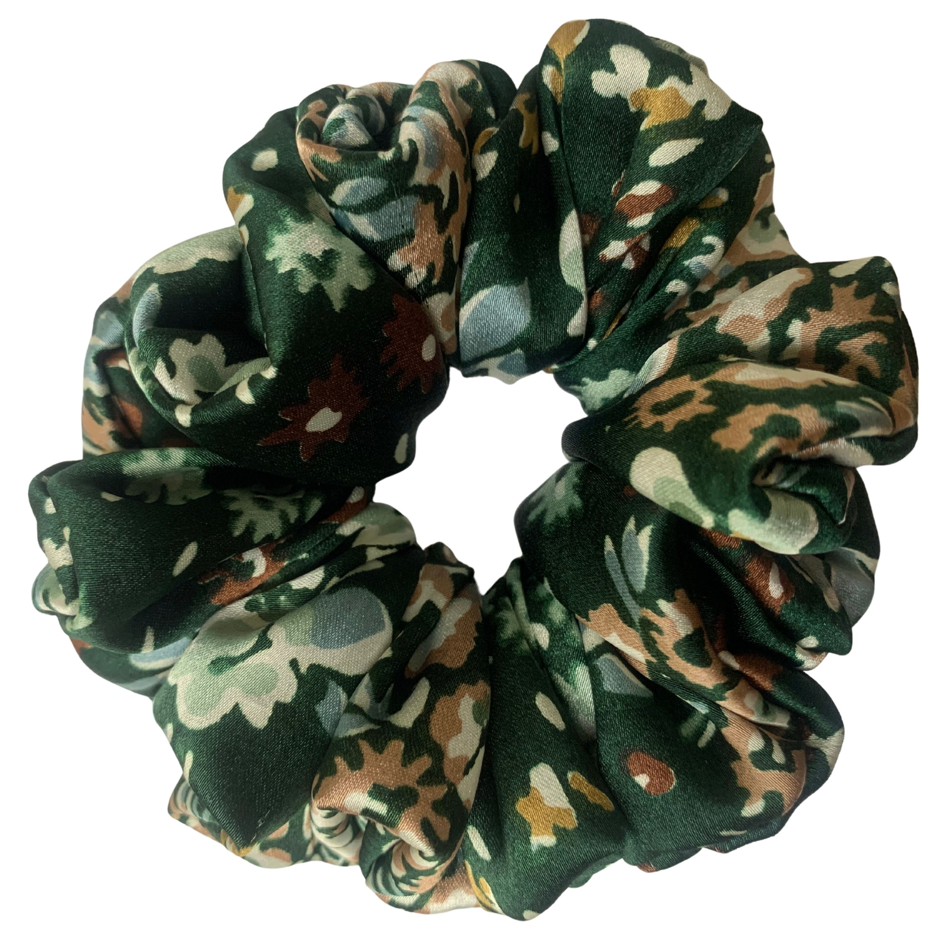 Dark Green Floral Camouflage Satin Scrunchie