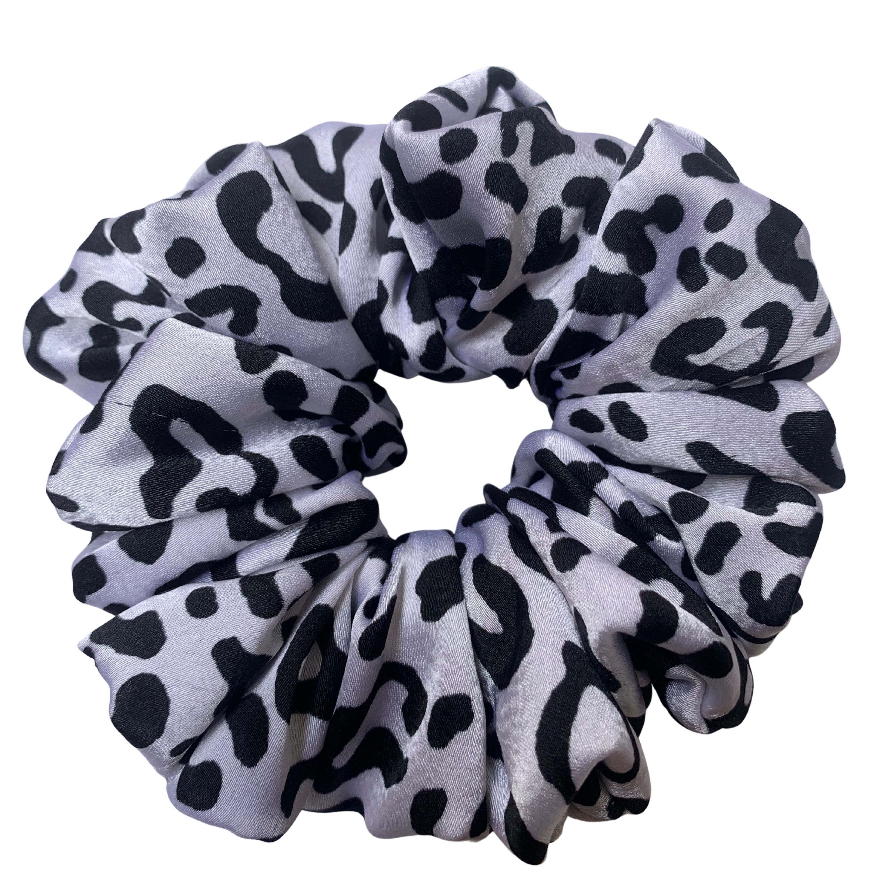White Satin Scrunchie with Black Leopard Print