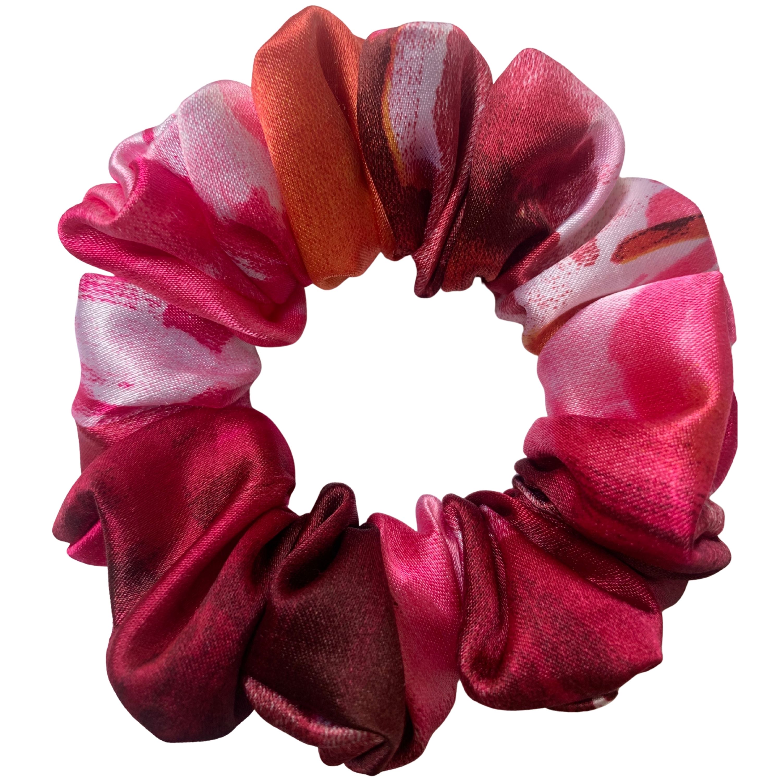 Multicolor Satin Scrunchie – Red, Pink & Orange Abstract Print