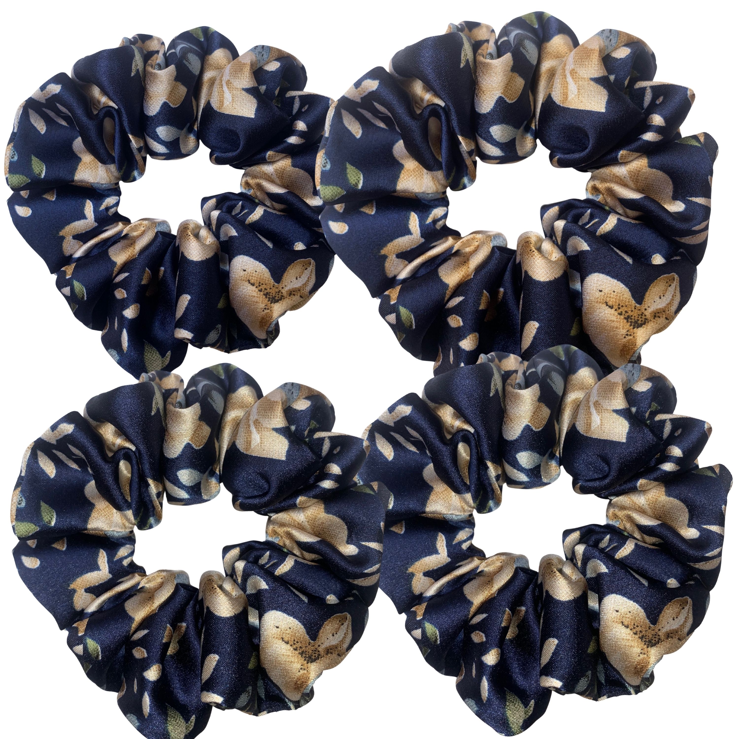 Blue Satin Scrunchie with Beige Abstract Floral Print