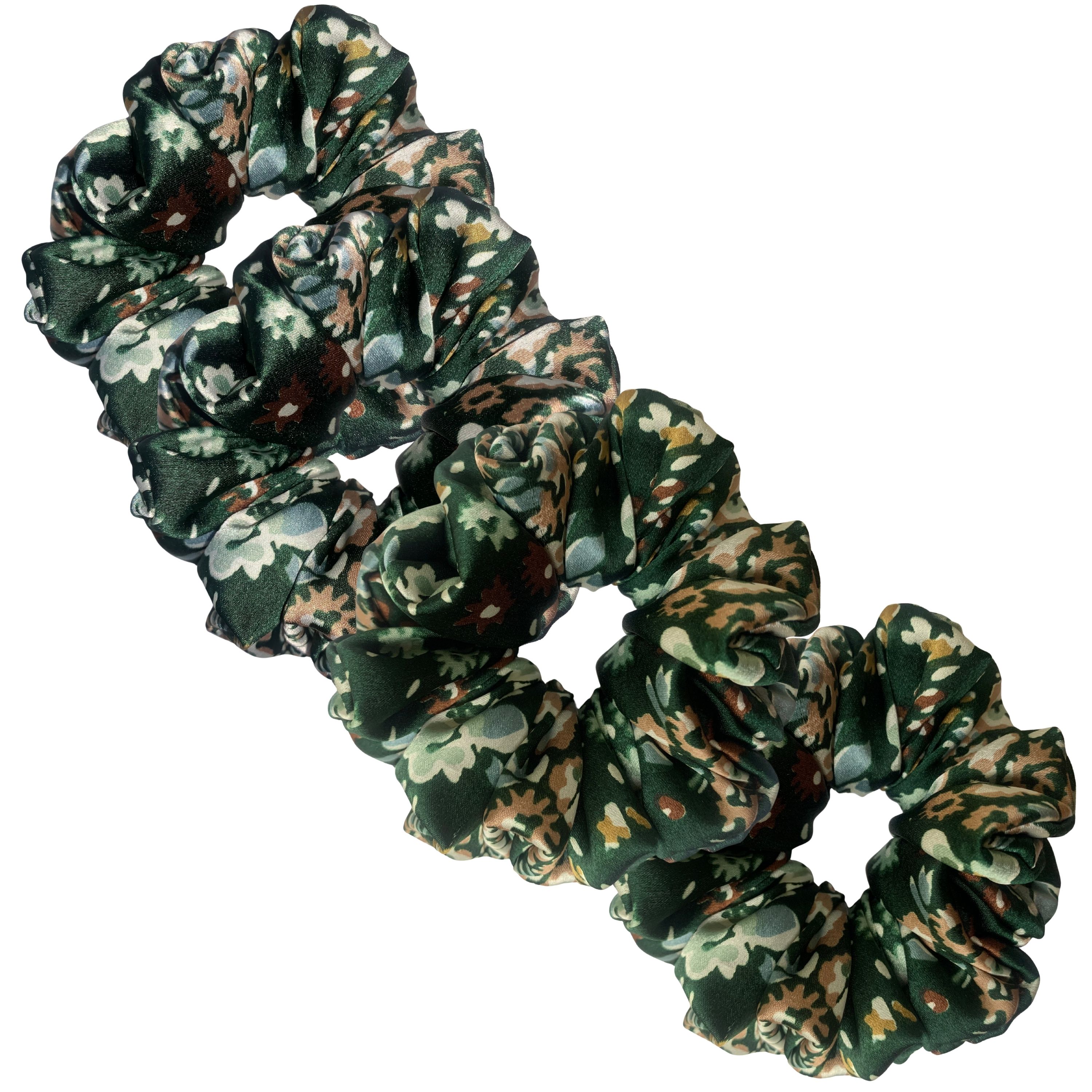 Dark Green Floral Camouflage Satin Scrunchie