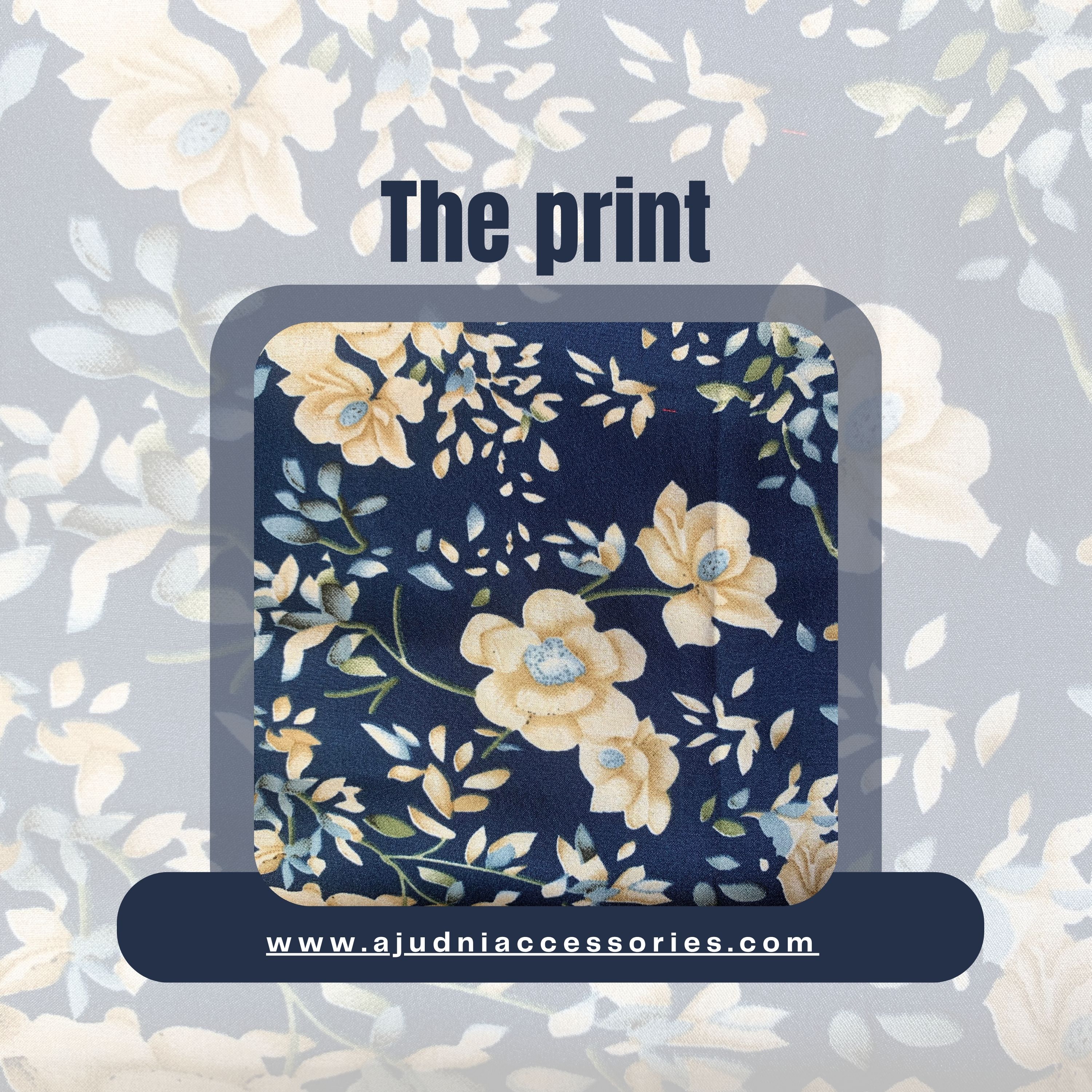 Blue Satin Scrunchie with Beige Abstract Floral Print