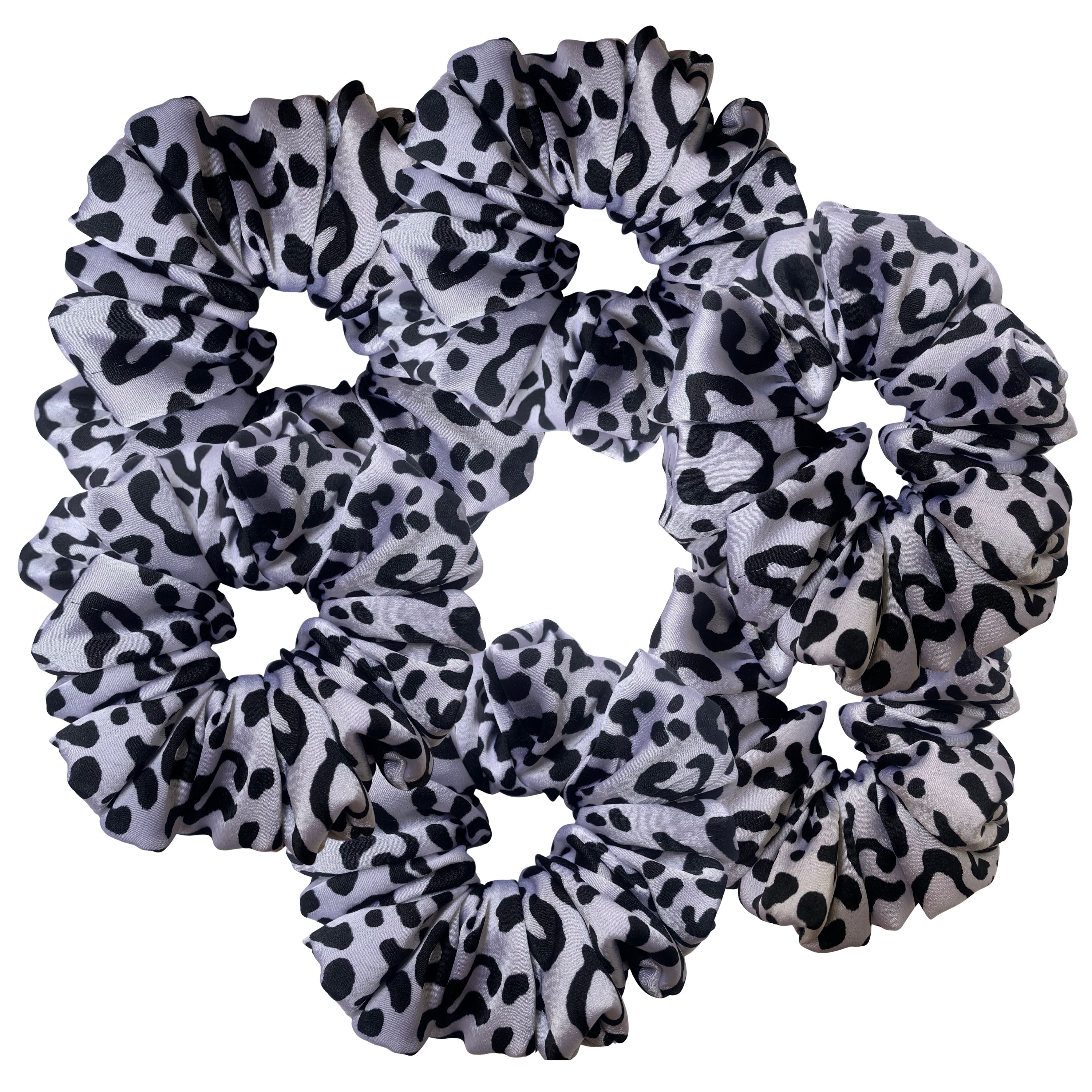 White Satin Scrunchie with Black Leopard Print