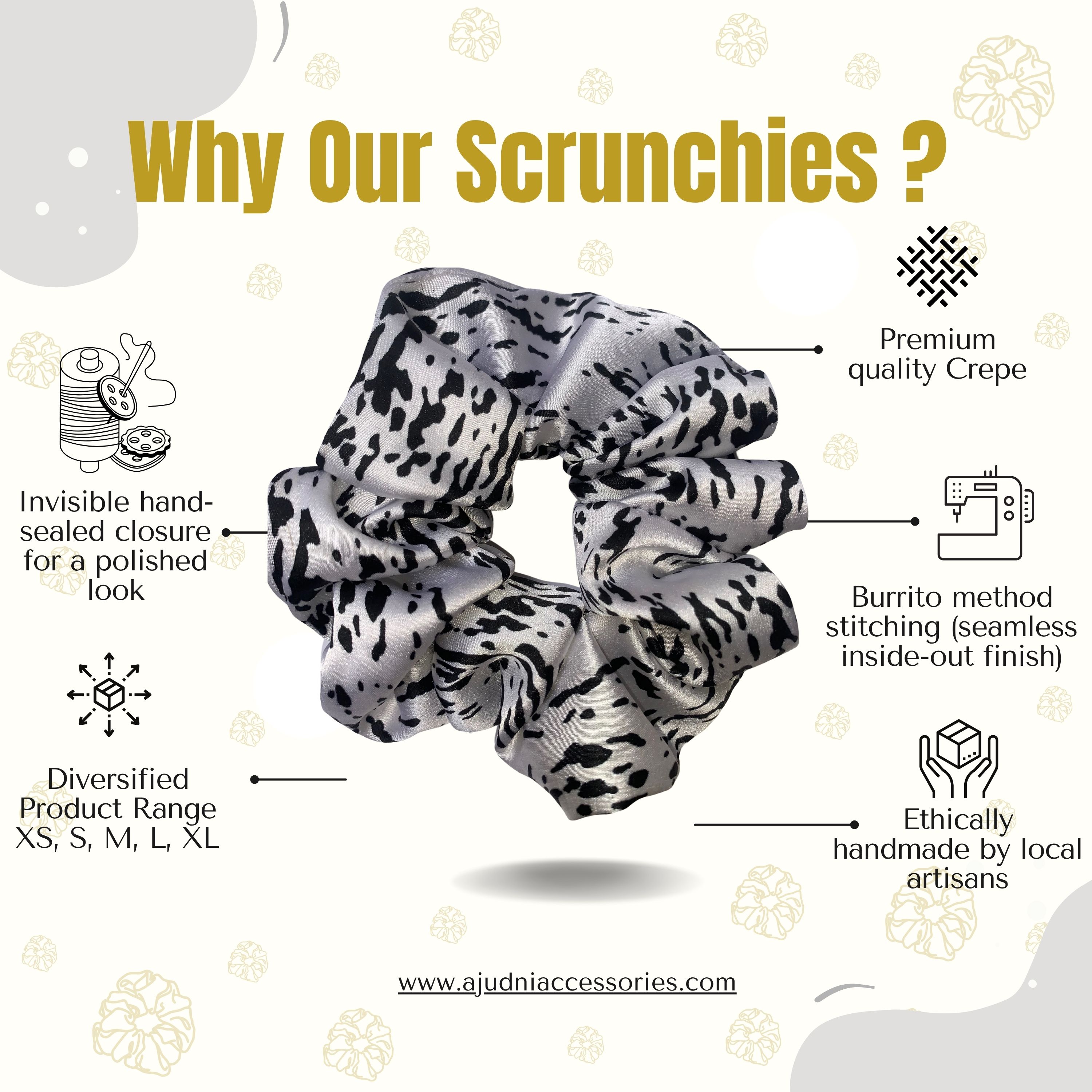 White Satin Scrunchie with Black Abstract Leopard Animal Print