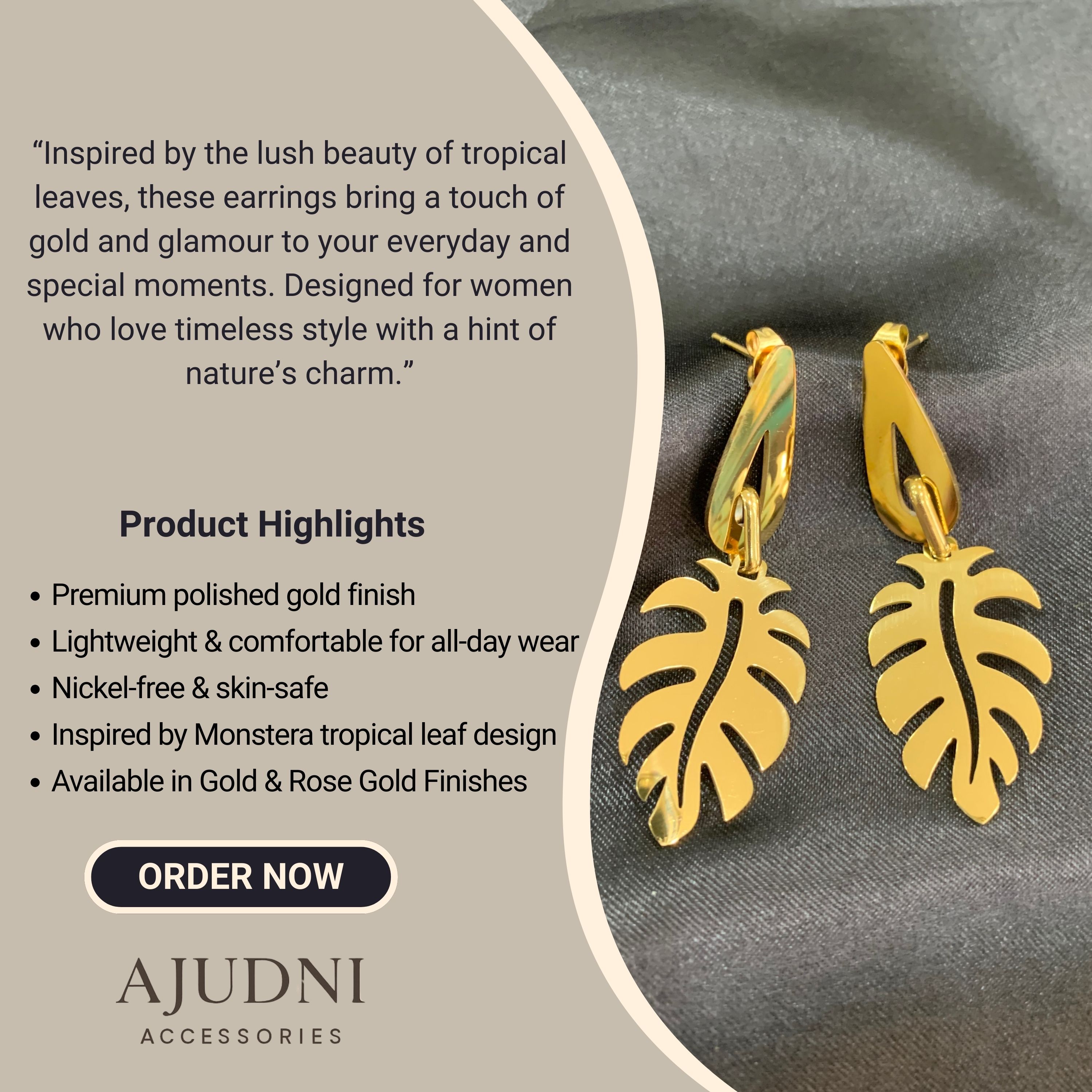 Tropical Glam Gold Monstera Leaf Drop Earrings