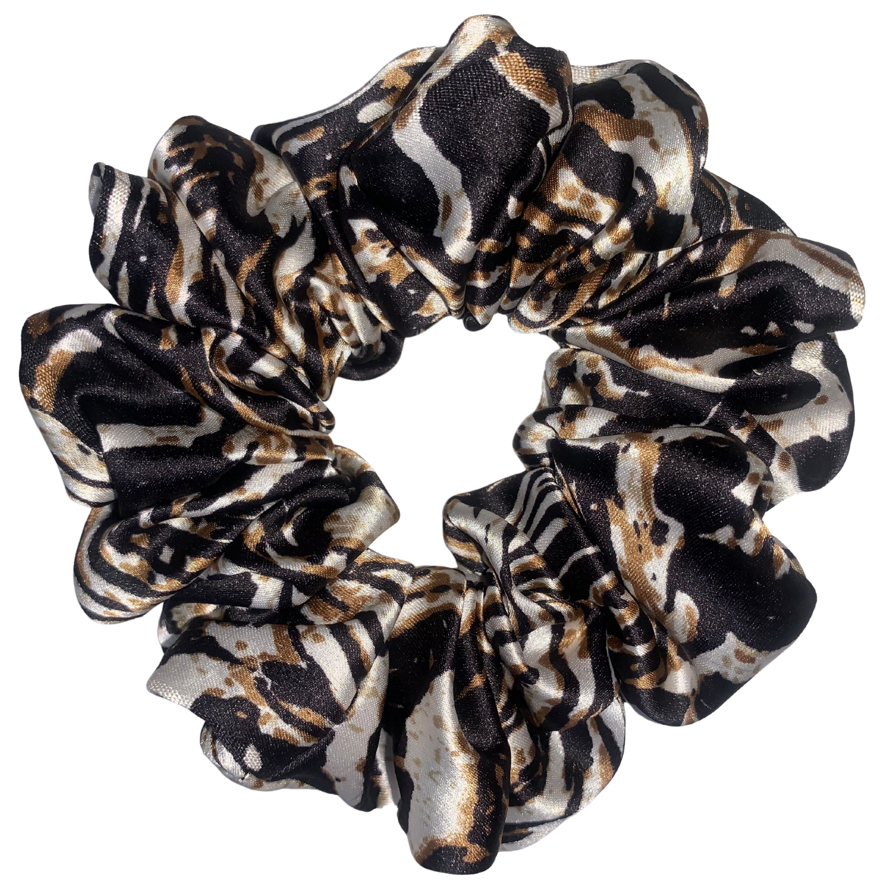 Black & Beige Abstract Animal Print Satin Scrunchie