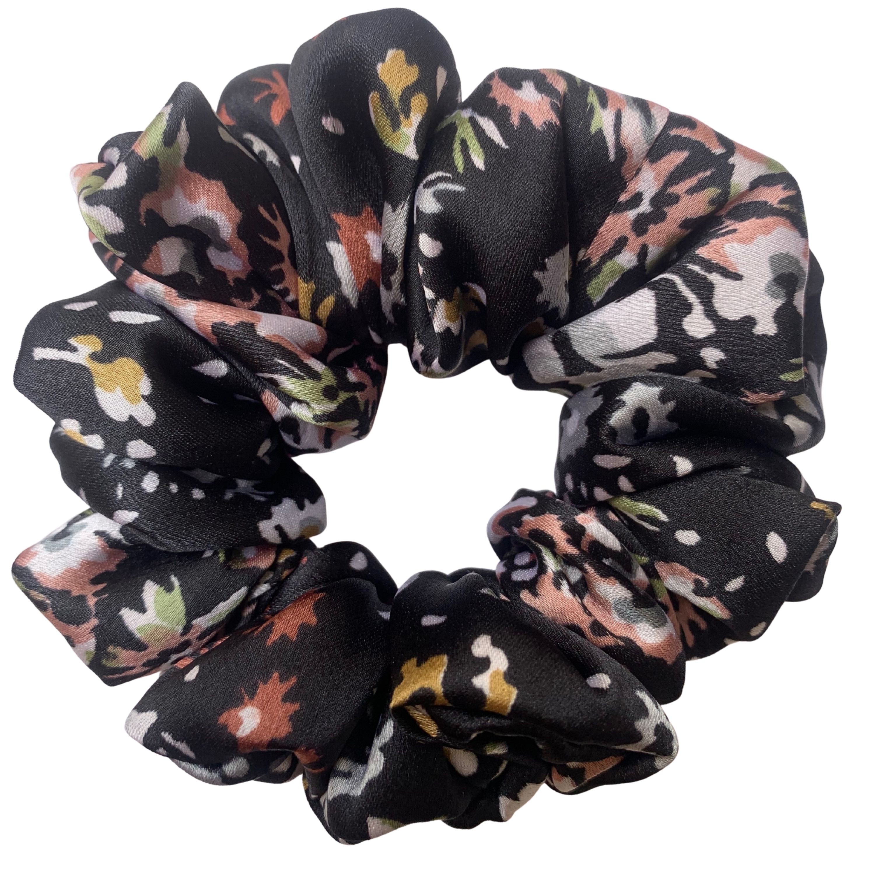 Midnight Bloom Satin Scrunchie – Abstract Floral Print on Black