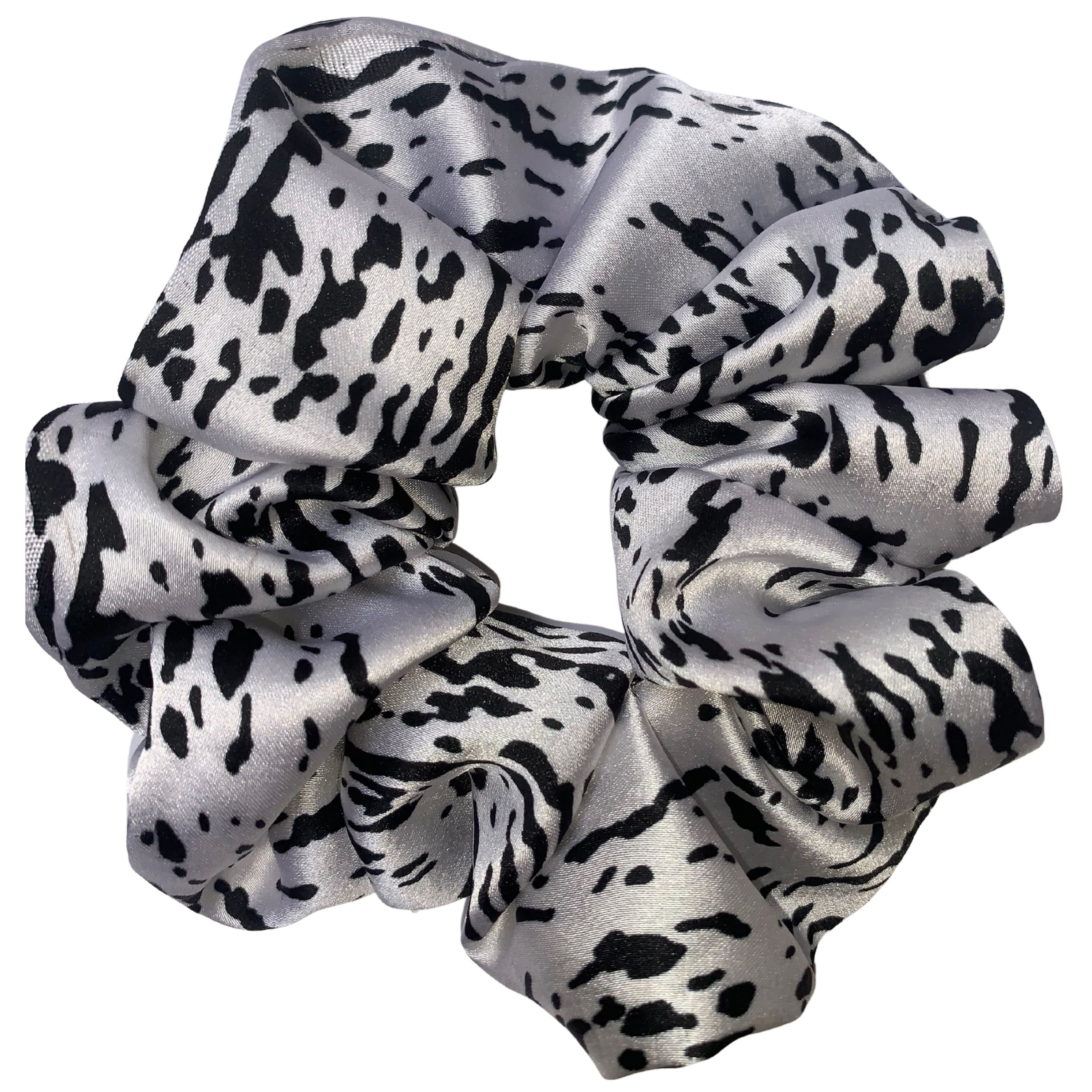 White Satin Scrunchie with Black Abstract Leopard Animal Print