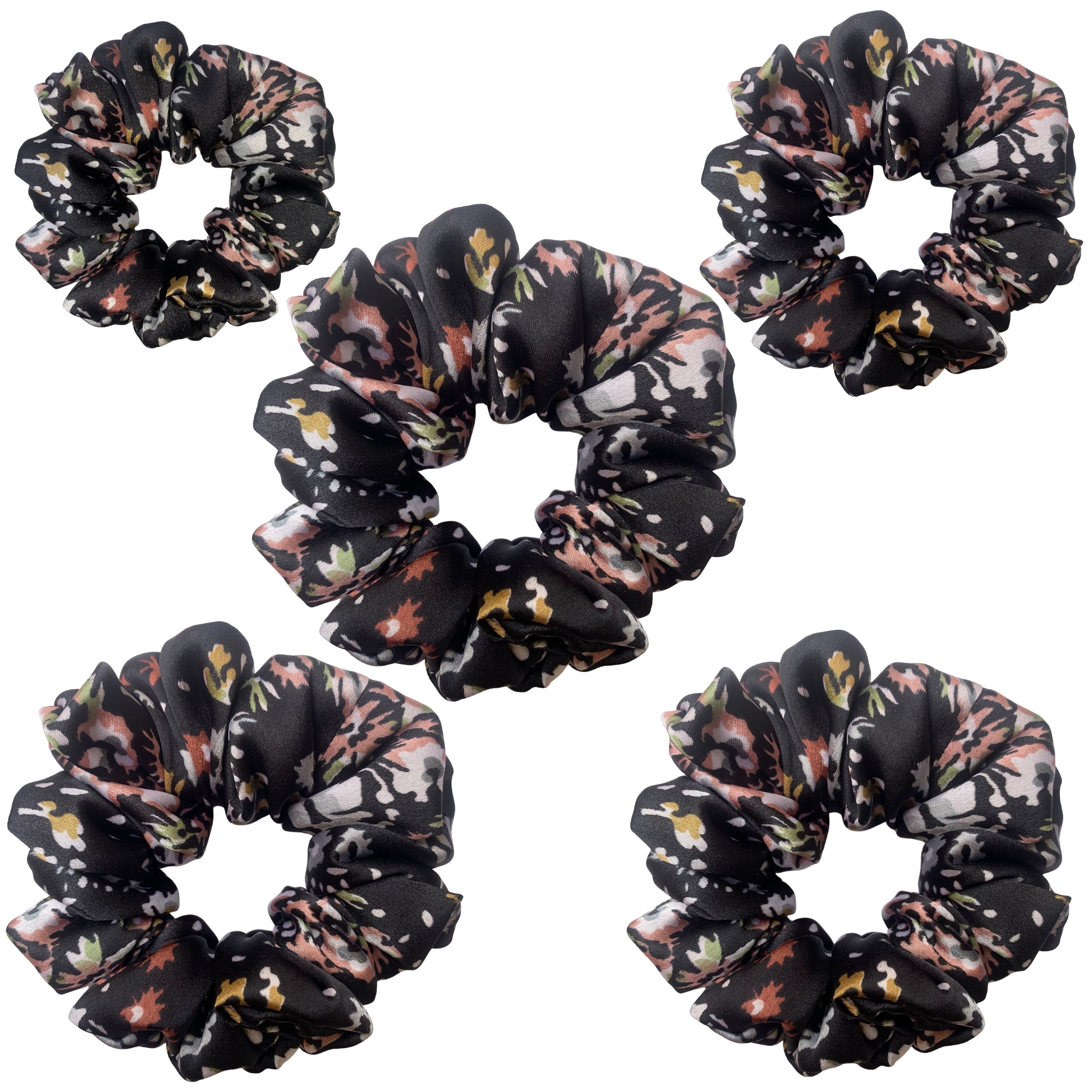 Midnight Bloom Satin Scrunchie – Abstract Floral Print on Black