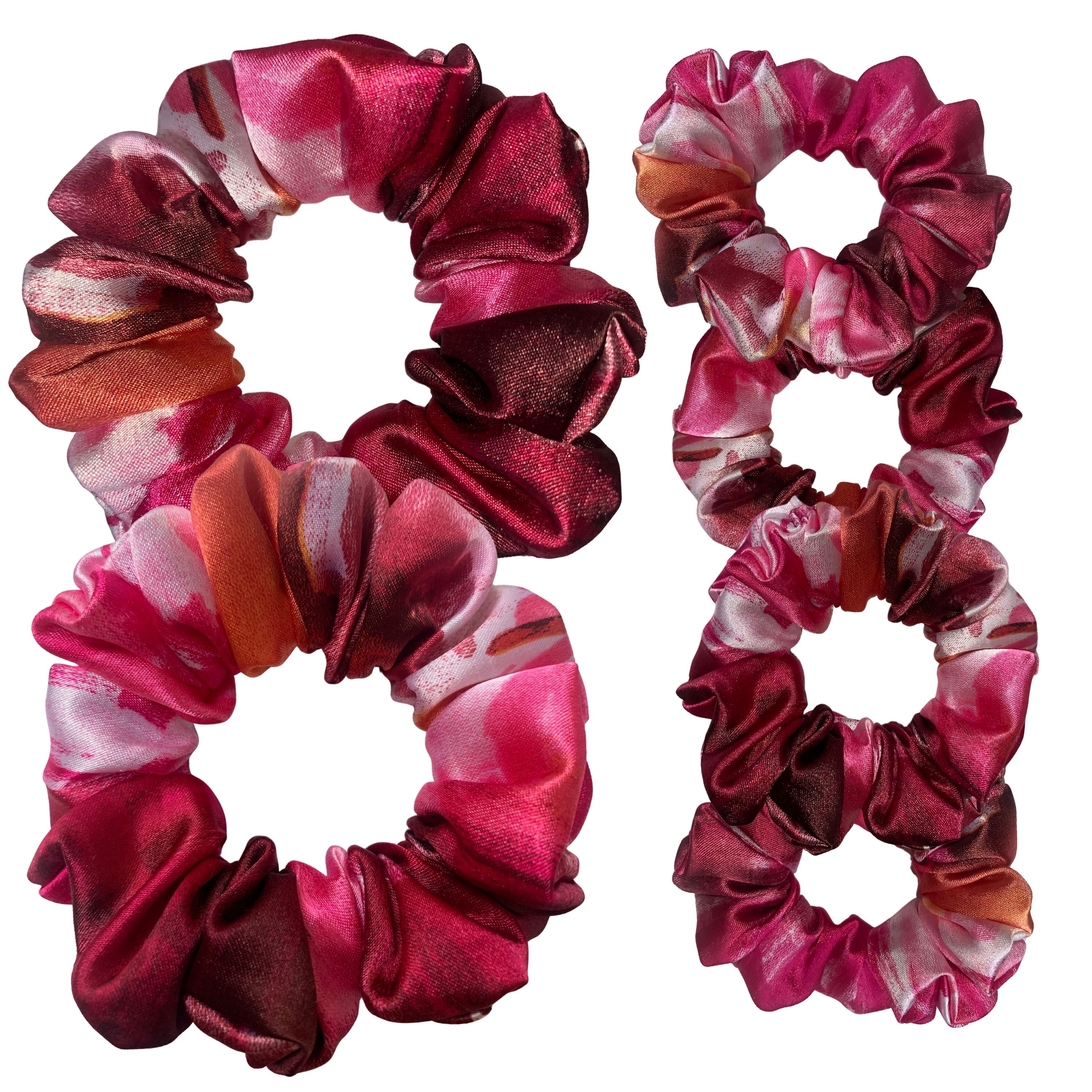 Multicolor Satin Scrunchie – Red, Pink & Orange Abstract Print