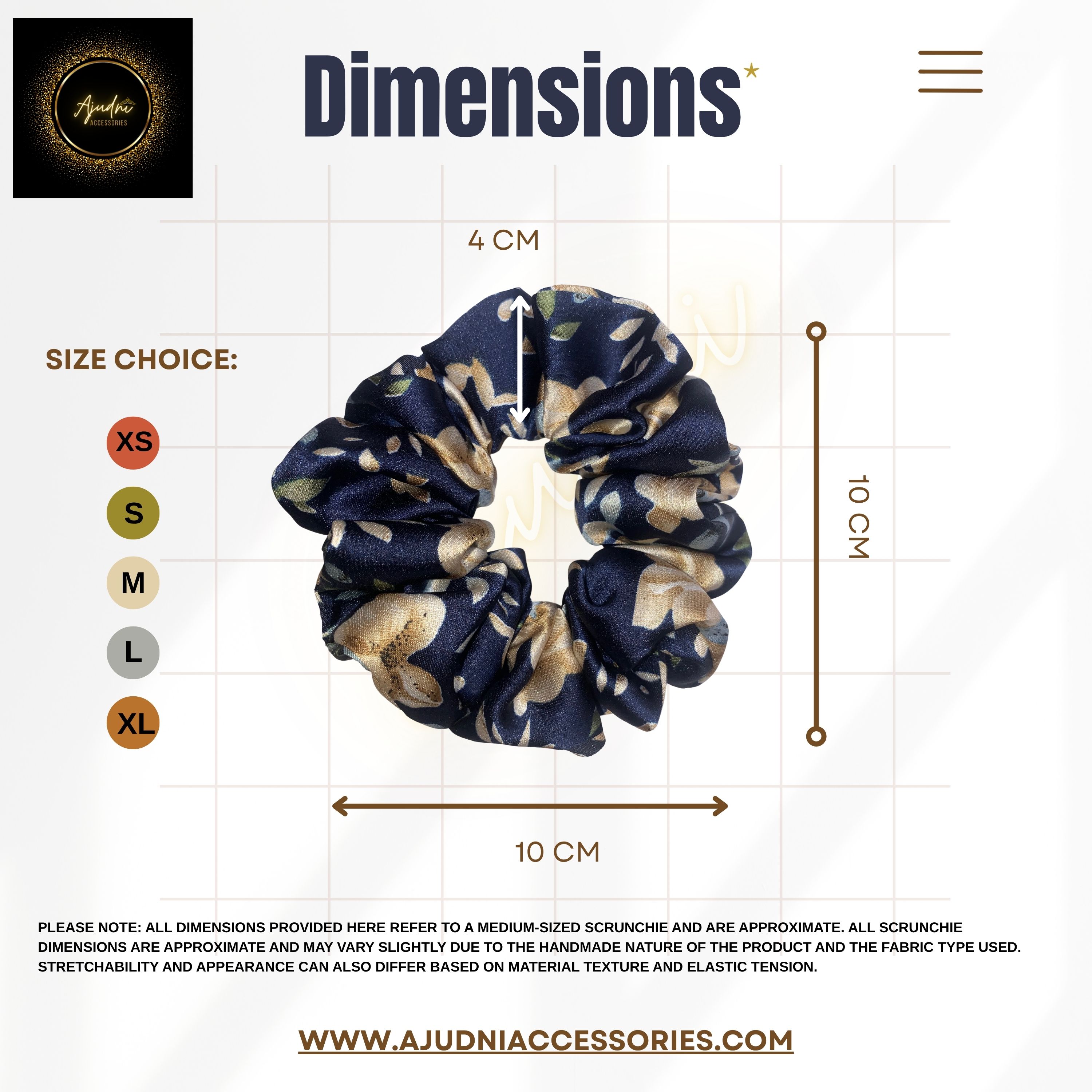 Blue Satin Scrunchie with Beige Abstract Floral Print