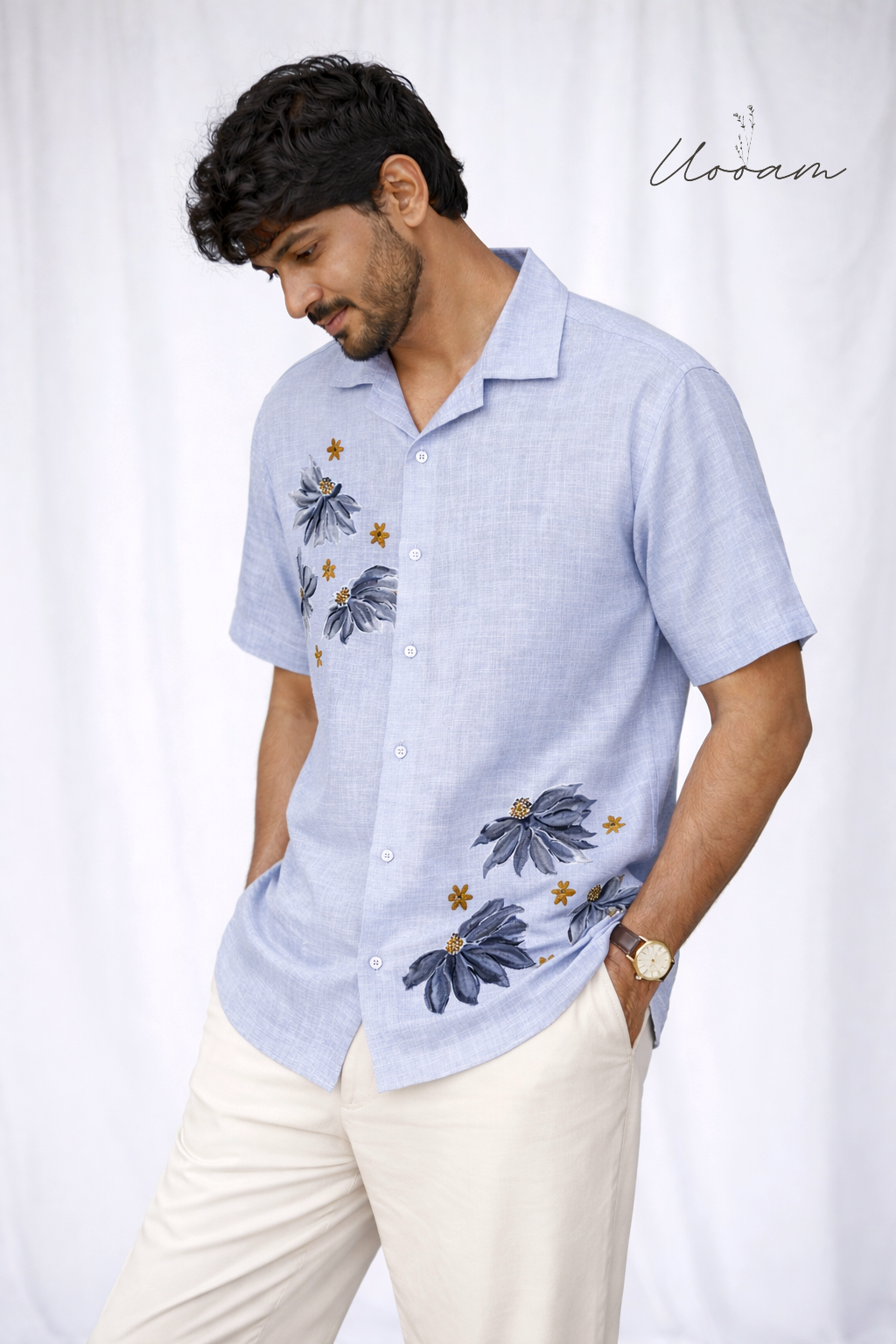 Men's Light Blue Floral Cotton Shirt