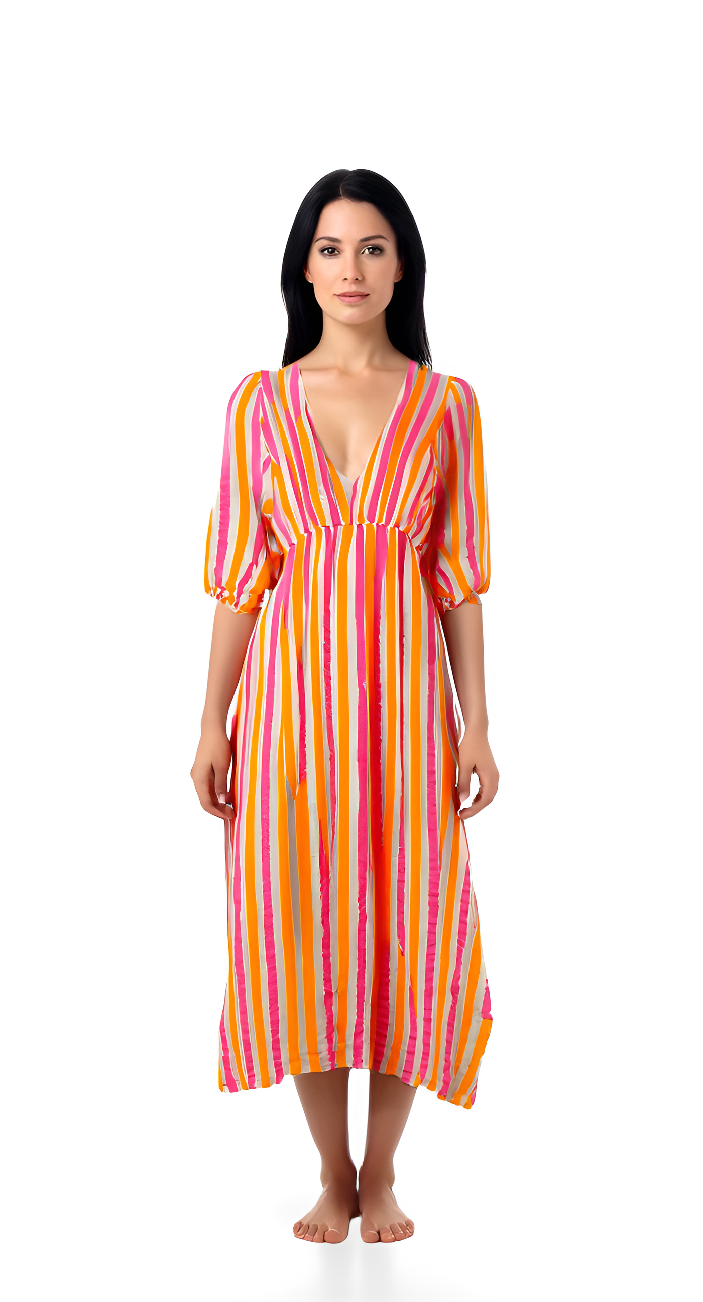 Striped V-Neck Maxi A - line Dress