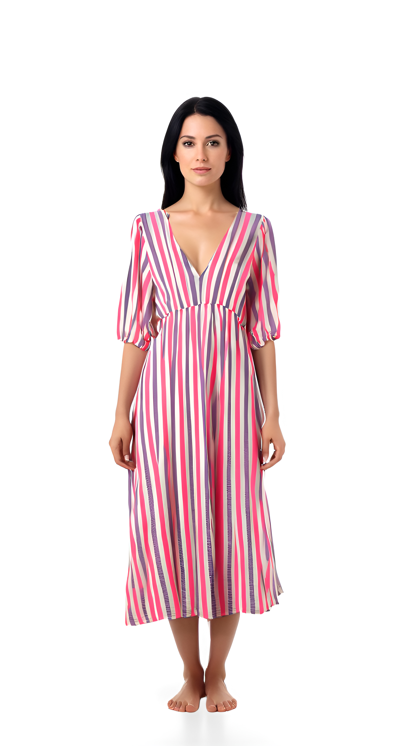 Striped V-Neck Maxi A - line Dress