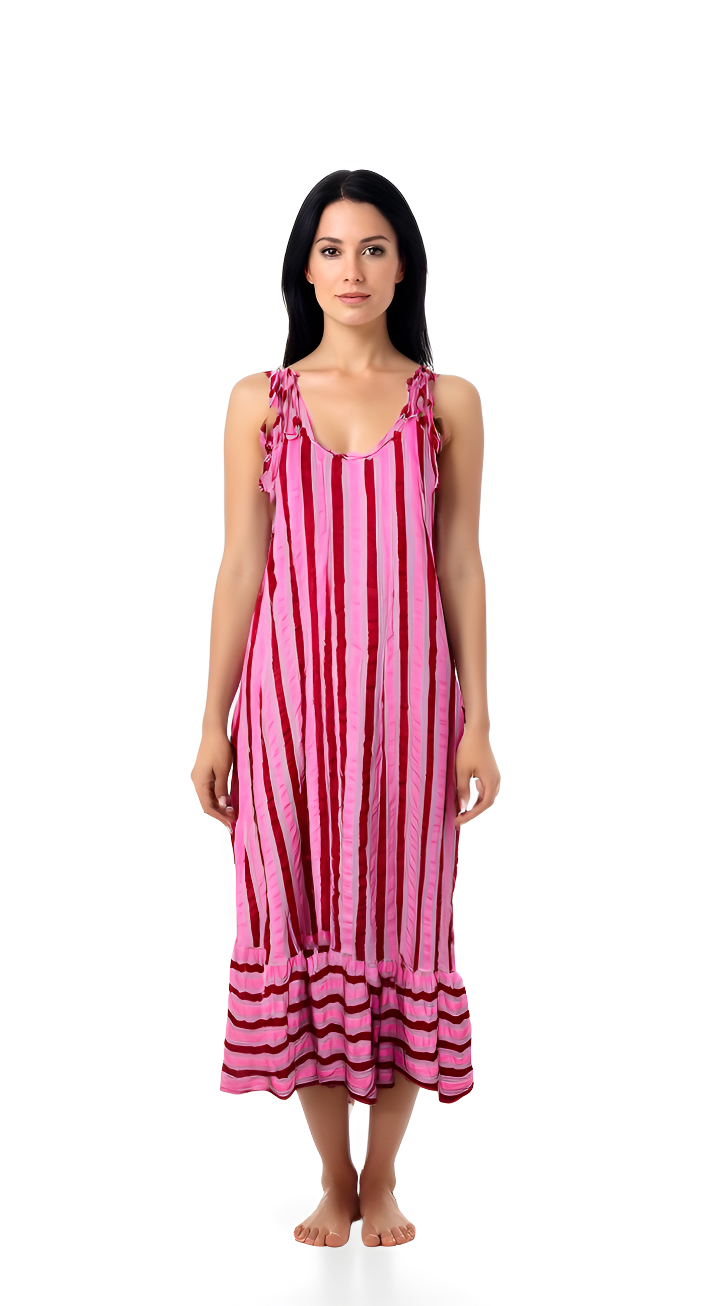 Pink Striped Sleeveless Maxi A - line Dress