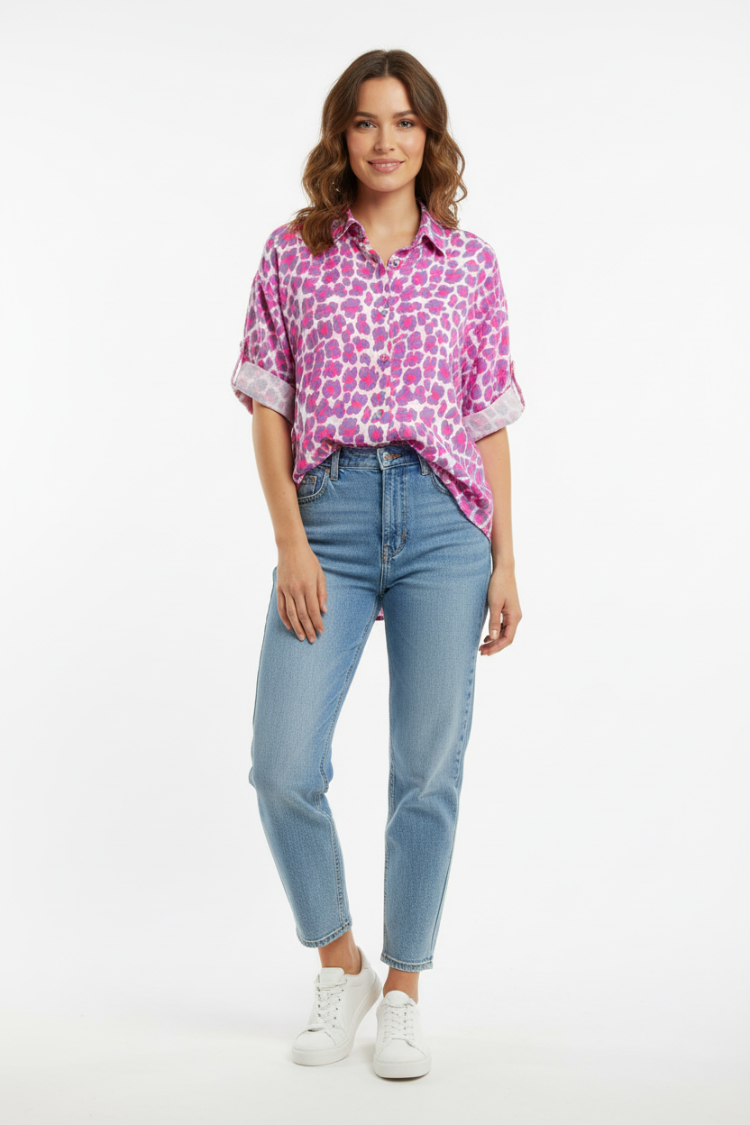 Purple Hot Pink Patterned Casual Cotton Shirt