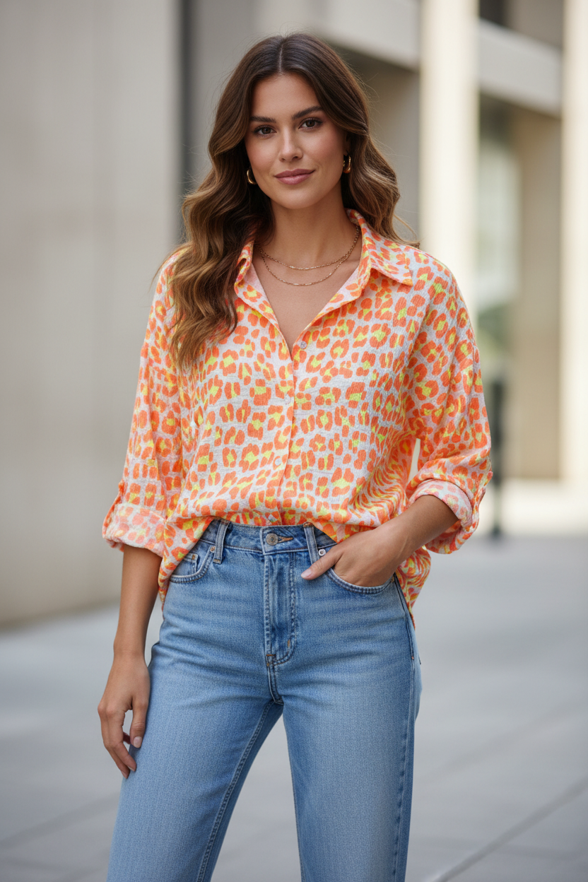 Orange Yellow Neon Leopard Print Pure Cotton Shirt