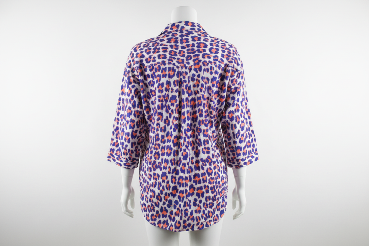 Blue Neon Orange Leopard Print Pure Cotton Shirt