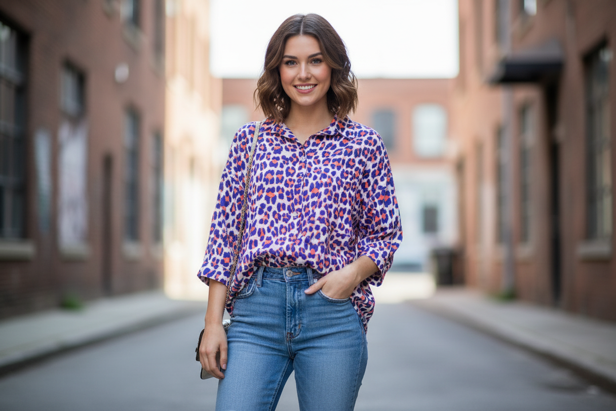 Blue Neon Orange Leopard Print Pure Cotton Shirt