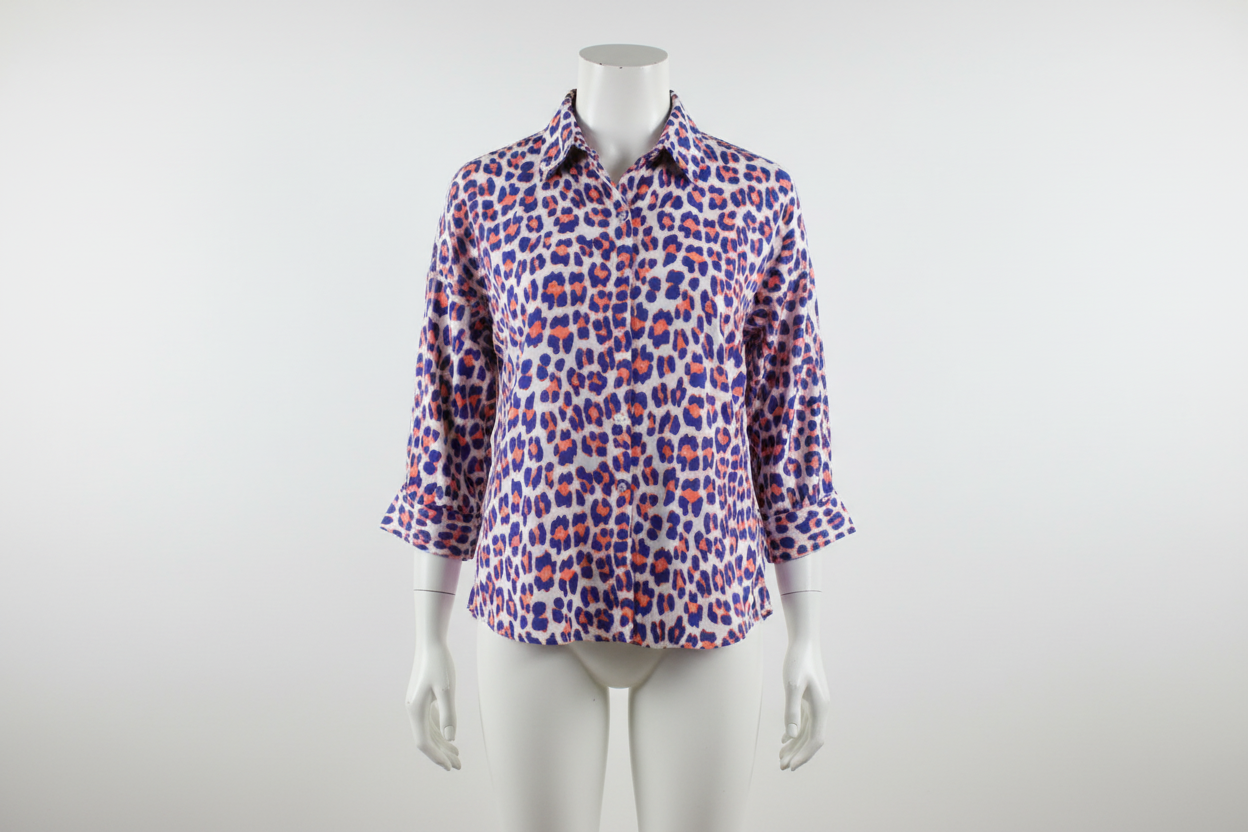 Blue Neon Orange Leopard Print Pure Cotton Shirt