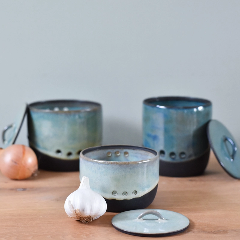 Uien- of knoflook-pot keramiek •Rond (Oceaanblauw) klein