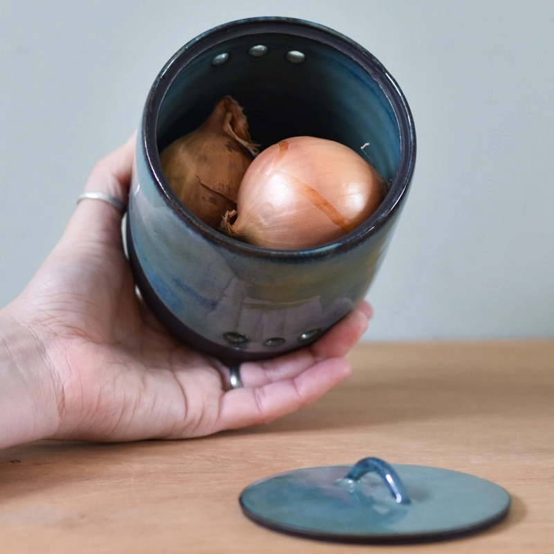 Uien- of knoflook-pot keramiek •Rond (Oceaanblauw) klein