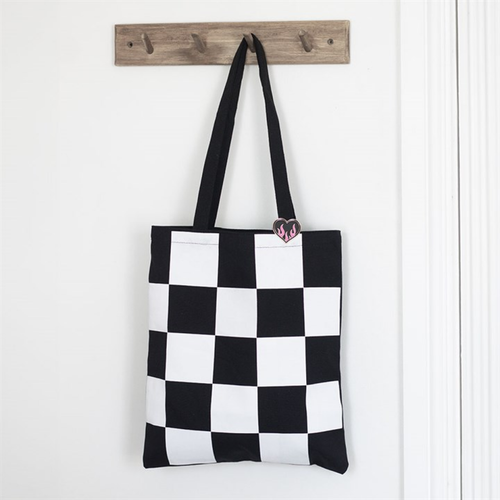 Chequered Polycotton Tote with Enamel Heart Pin Badge