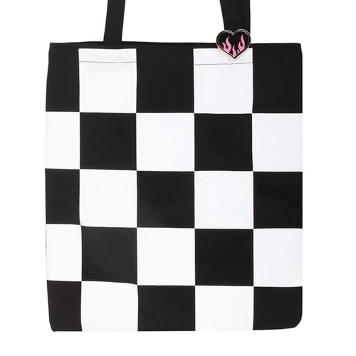 Chequered Polycotton Tote with Enamel Heart Pin Badge