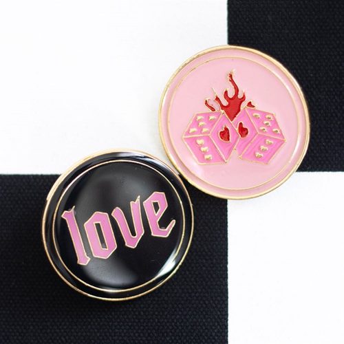 Flaming Dice & Love Pin Badge Set