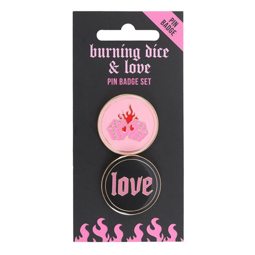 Flaming Dice & Love Pin Badge Set