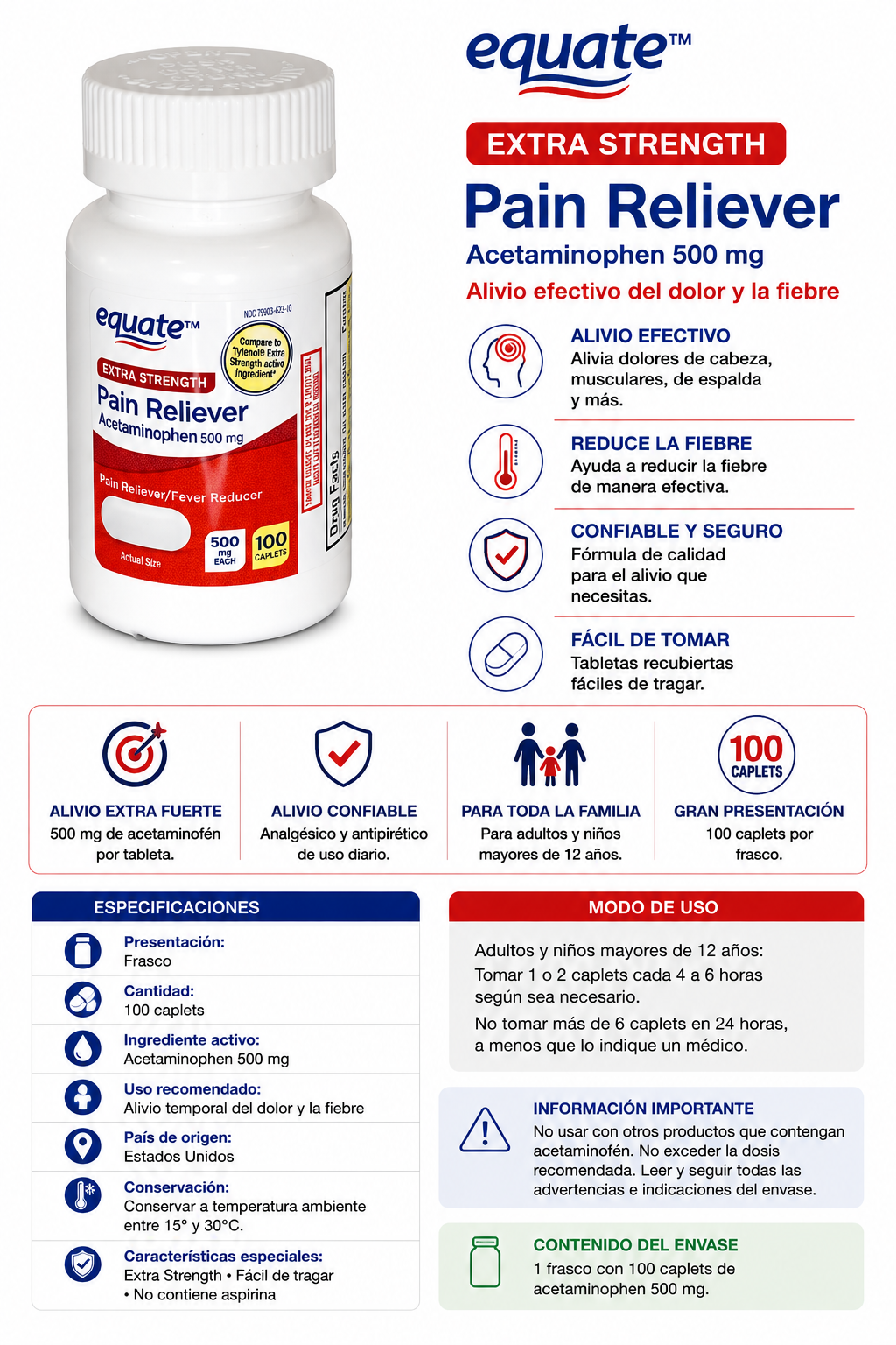 Acetaminofén Equate Extra Strength 500 mg
