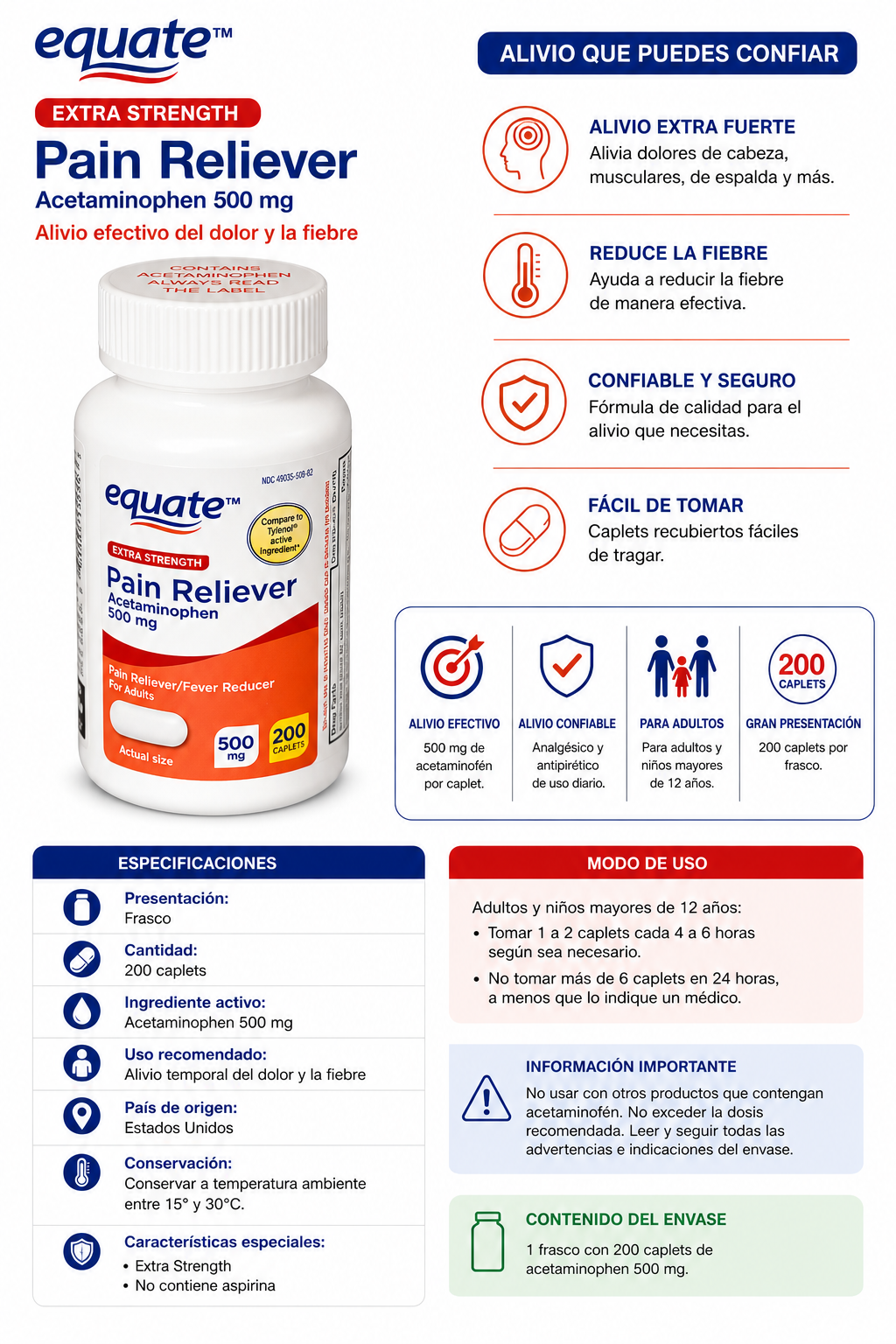 Acetaminofén Equate Extra Strength 500 mg