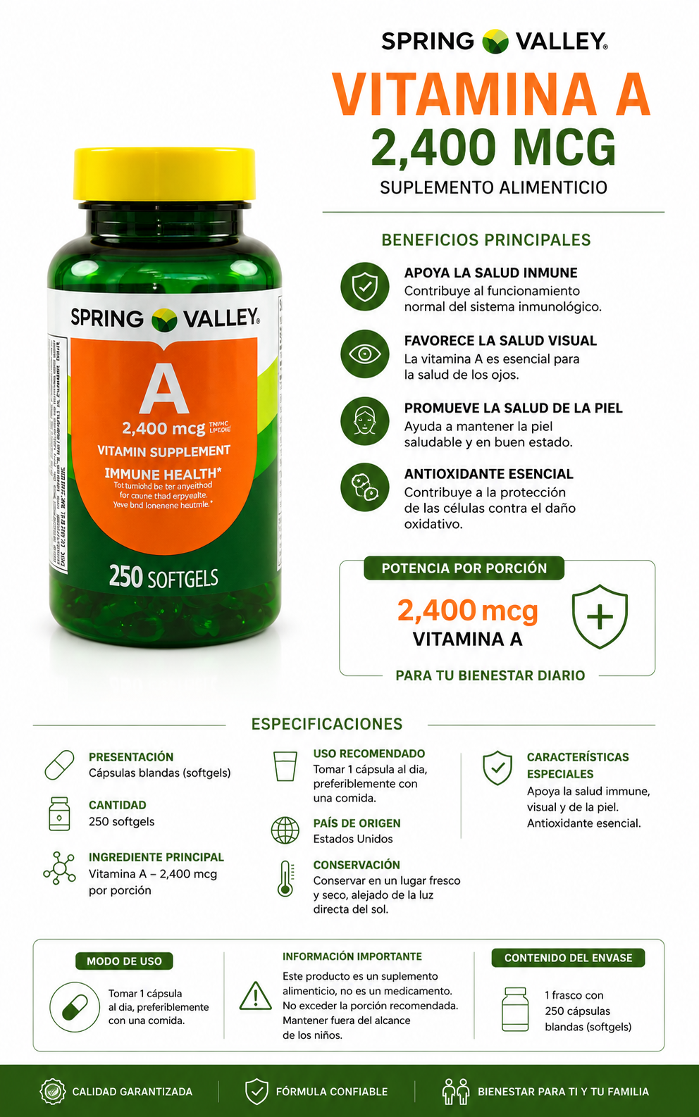 Suplemento de Vitamina A Spring Valley