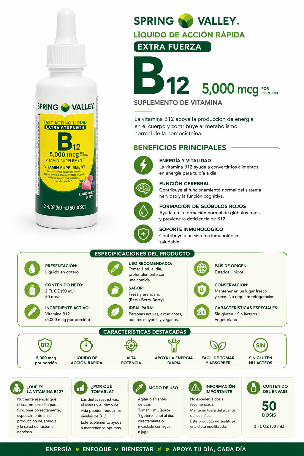 Suplemento de Vitamina B12 Spring Valley