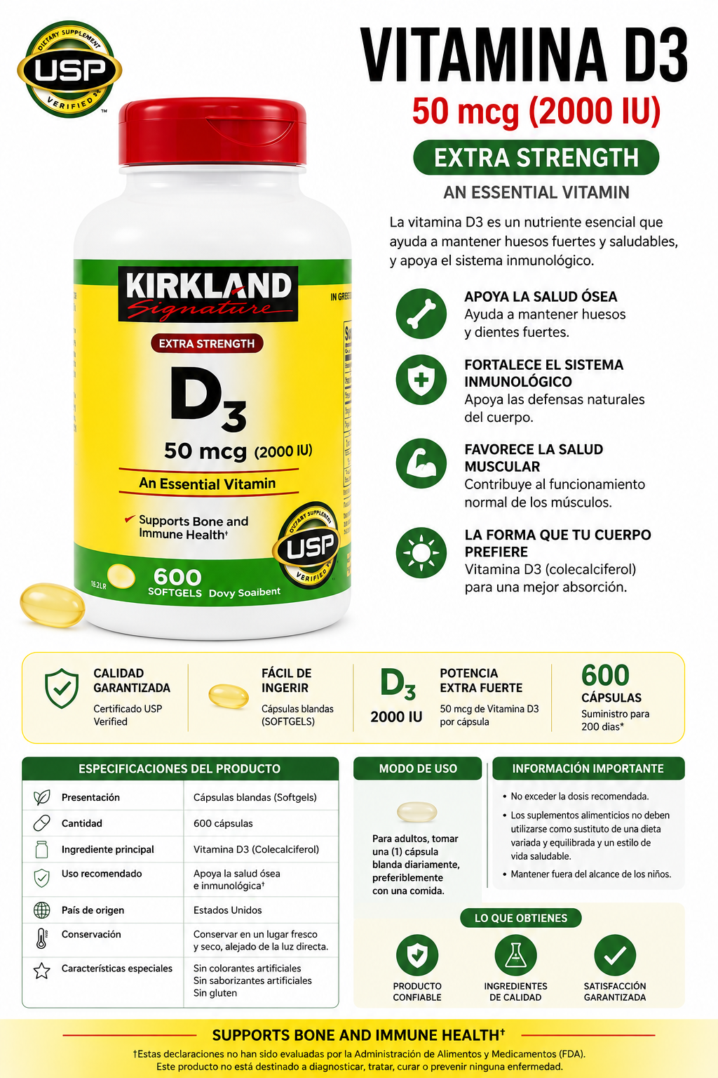 Kirkland Signature Vitamina D3 50 mcg