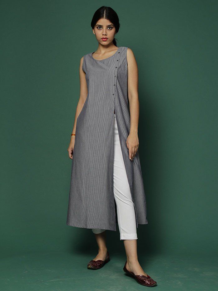 Sleeveless Gray Pinstripe Kurta