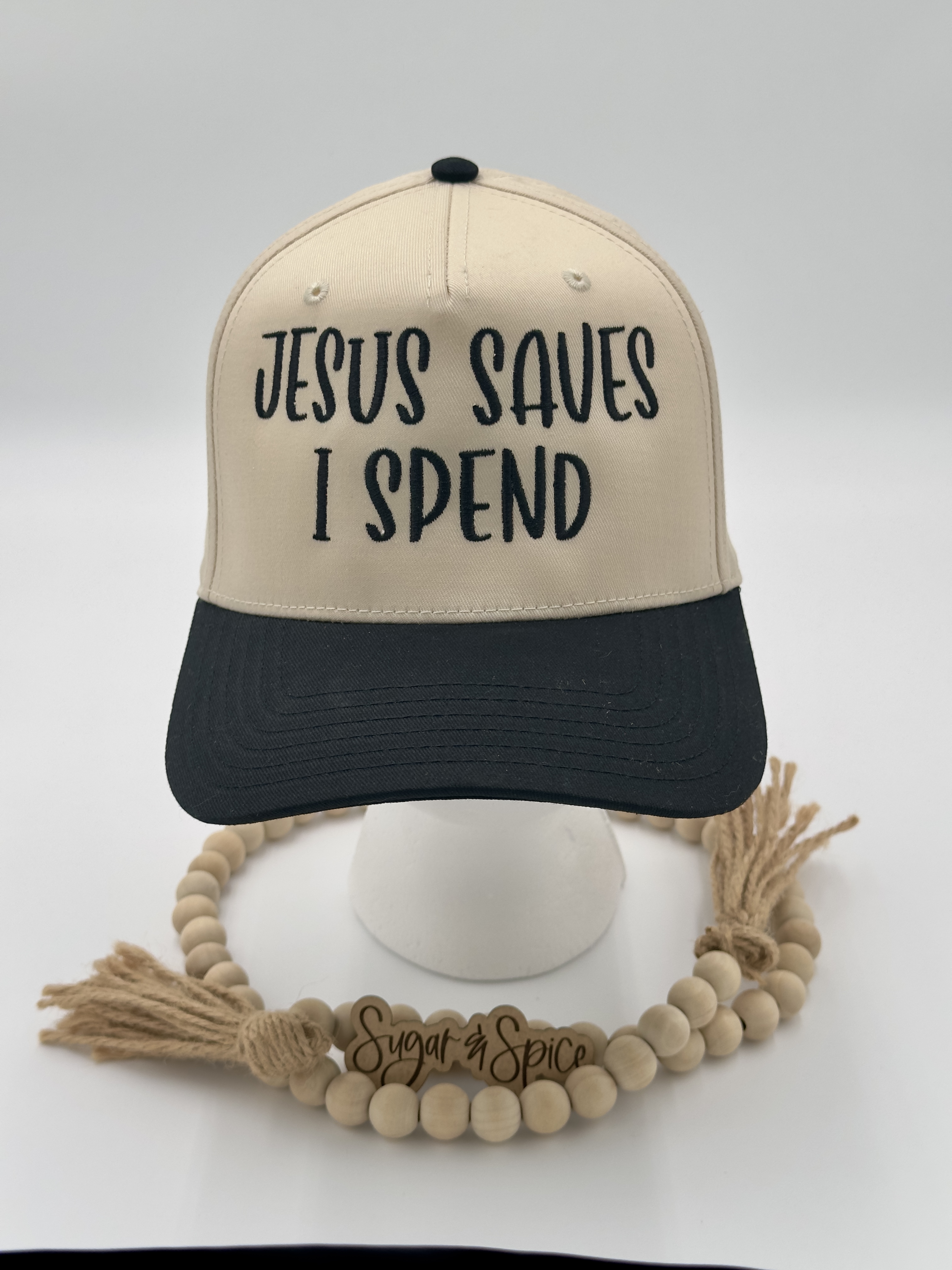 Jesus Saves, I Spend Two Tone Embroidered Trucker Hat – Faith & Fashion with a Wink