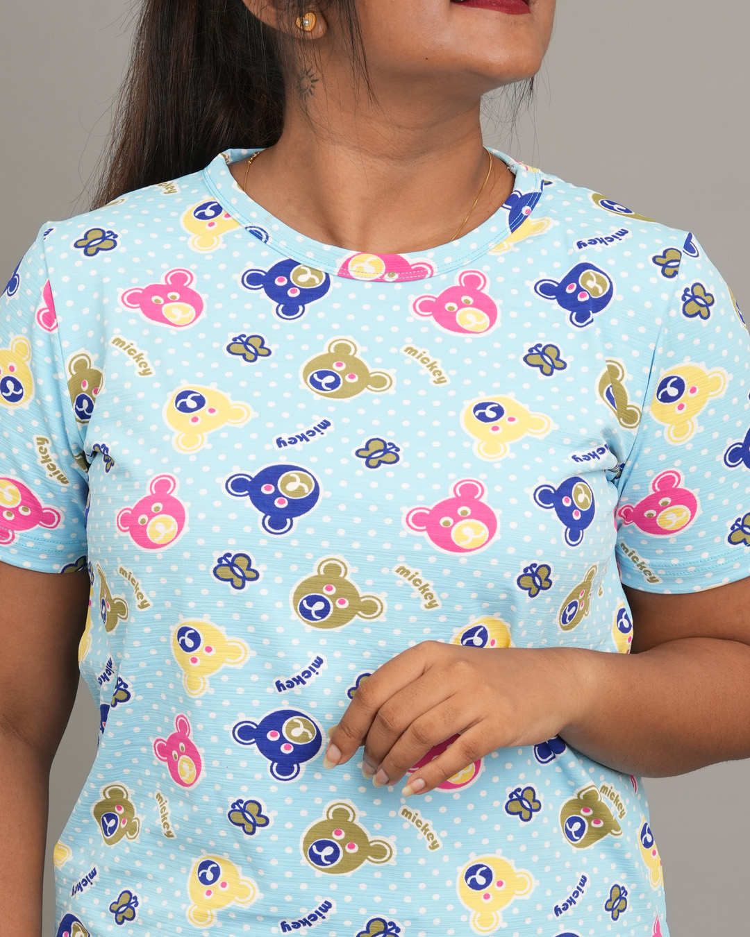 Cartoon Print Blue Cotton T-Shirt