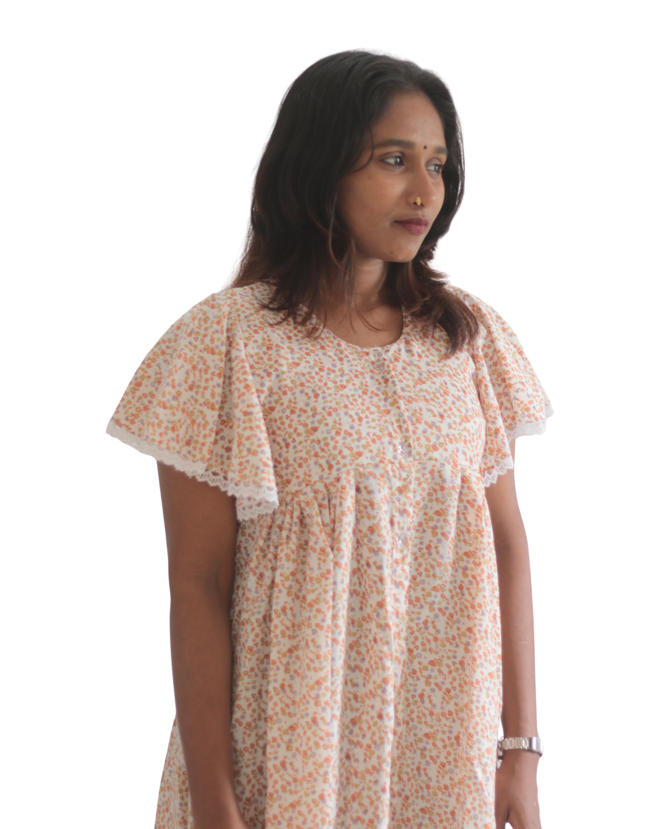 Floral Sleeves Feeding Short Nighty